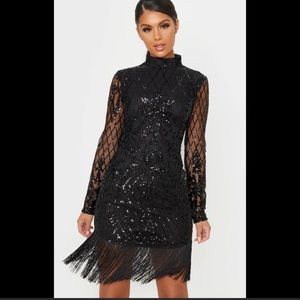 Prettylittlething Black Long Sleeve Sequin Tassel Hem Bodycon Dress